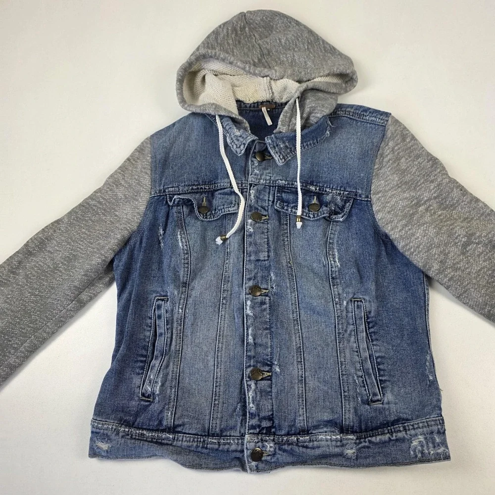 Free People Jacket Womens Large Blue Denim Hooded Sweatshirt Sleeve Button Front - Picture 2 of 13